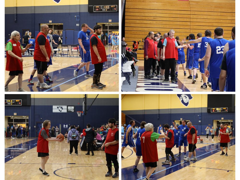 Special Olympics Basketball Tournament in Rapid City 2024. Pictures of BHSSC Red Bulls team members playing basketball.
