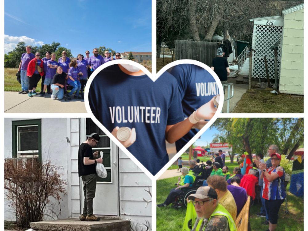 A group photo of volunteers for the United Way Community Clean Up in Sturgis. A person delivering a bag of food to a home for Meals on Wheels. People cheering at the finish line for race participants.